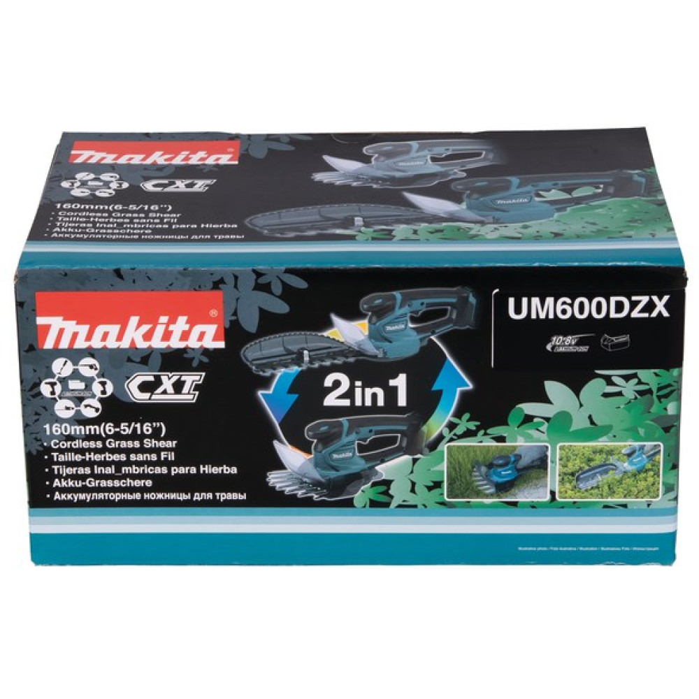 Makita UM600DZX 2in1 cordless grass shear, 160mm. Blue and black packaging with product images.