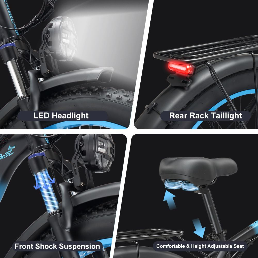 Dettagli e-bike: faro LED, fanale posteriore, sospensioni, sedile regolabile.