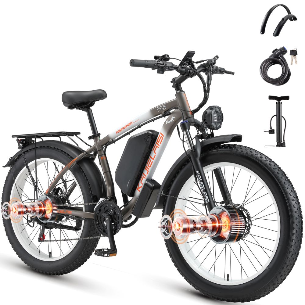 Bicicletta elettrica grigia con pneumatici larghi, sella e parafanghi neri.