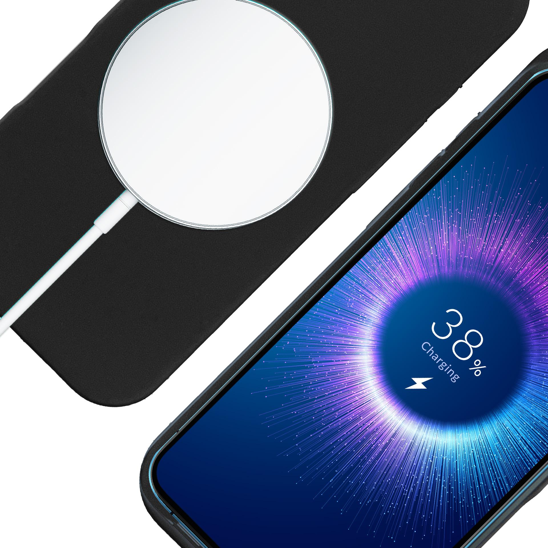 Czarne etui na telefon z białym kablem ładującym i smartfonem ładującym się w 38%.