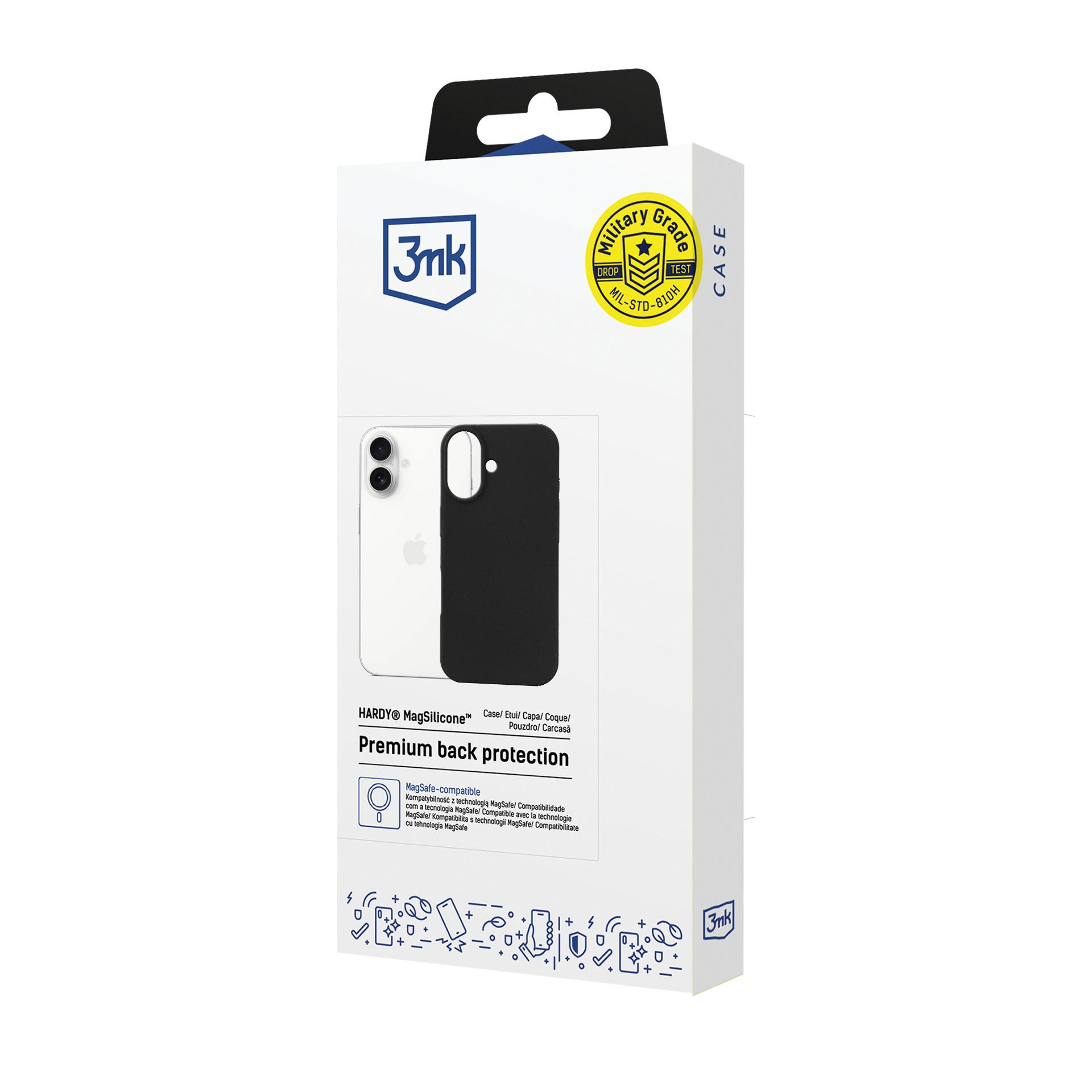Opakowanie z czarnym etui na iPhone i srebrnym iPhonem.