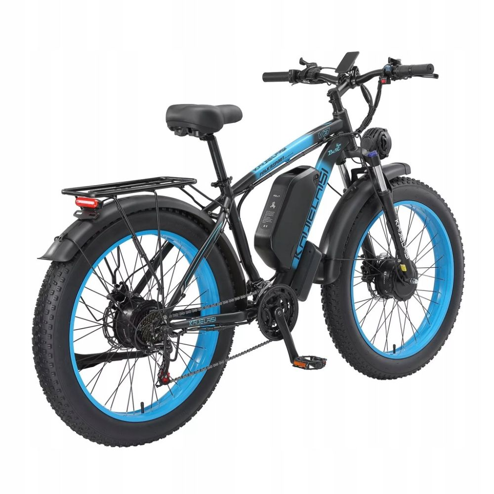 Una fat bike elettrica nera con cerchi blu e batteria montata sul telaio.