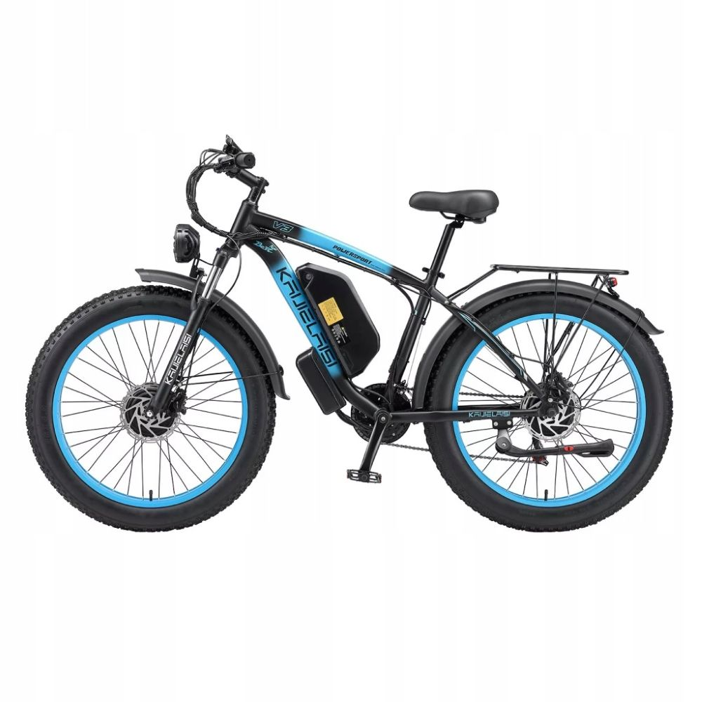 Bicicleta eléctrica negra con neumáticos anchos y llantas azules.