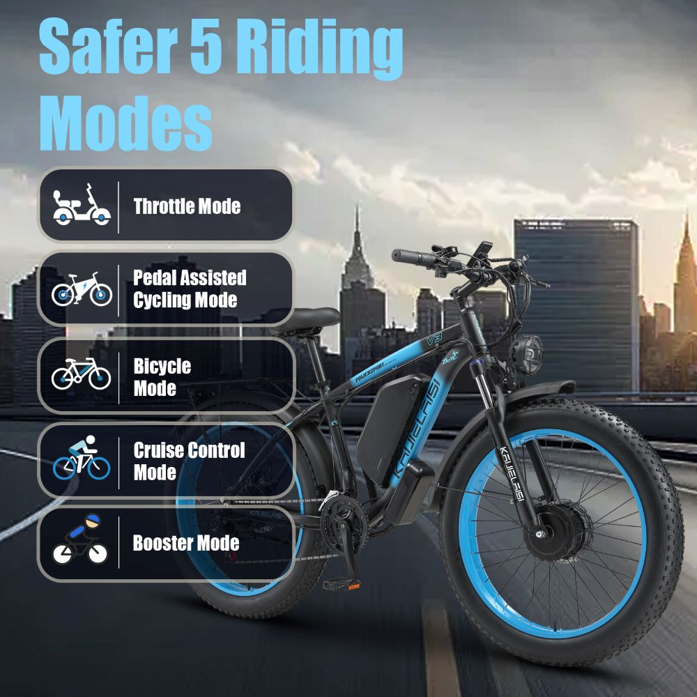 Una bici elettrica nera con accenti blu, che mostra 5 modalità.