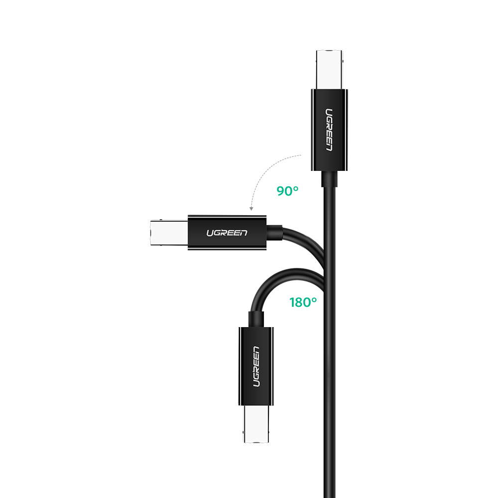 Un cavo USB-C nero mostrato in tre angolazioni diverse: 90°, 180°.