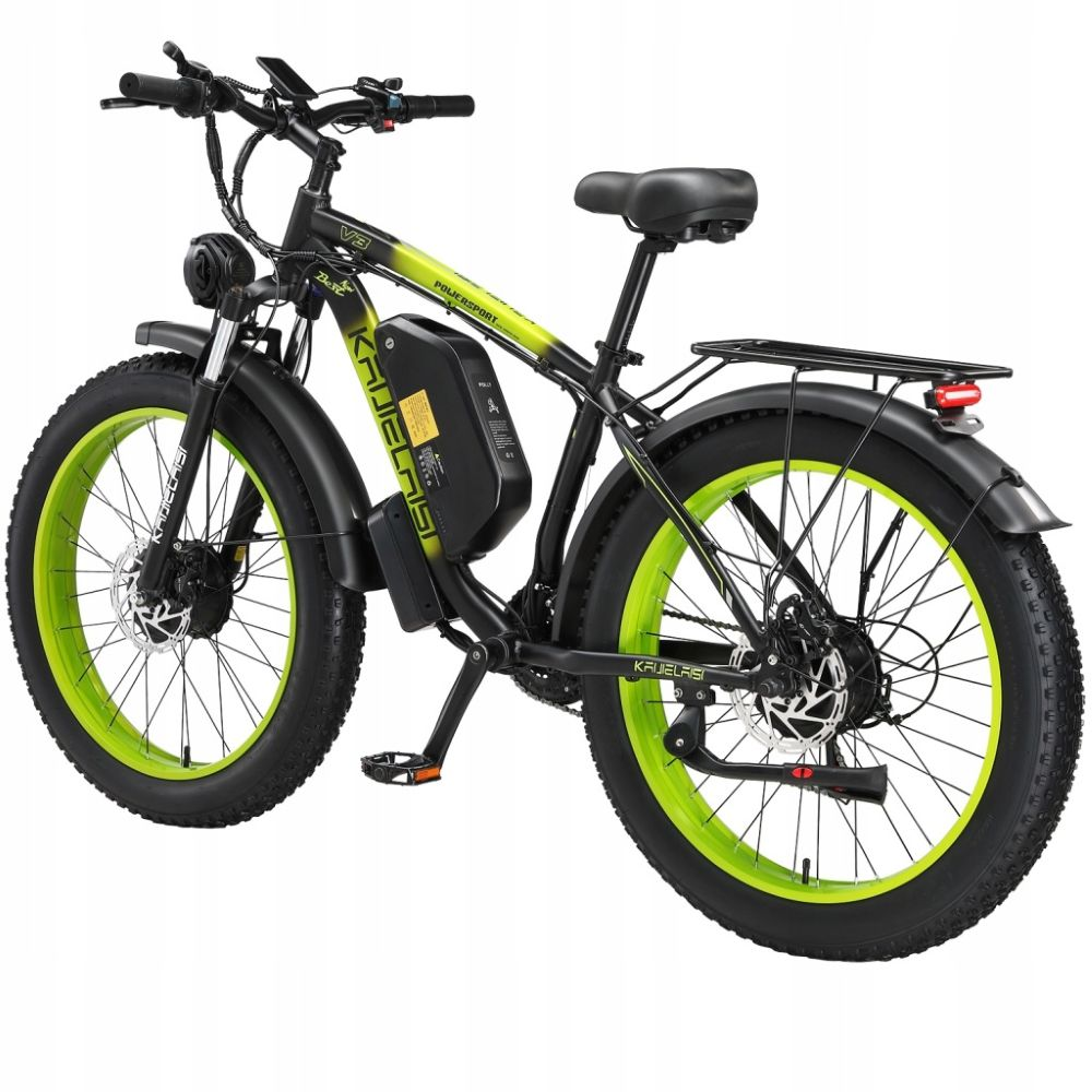Bici elettrica nera con pneumatici grassi, cerchi verdi, batteria e portapacchi.