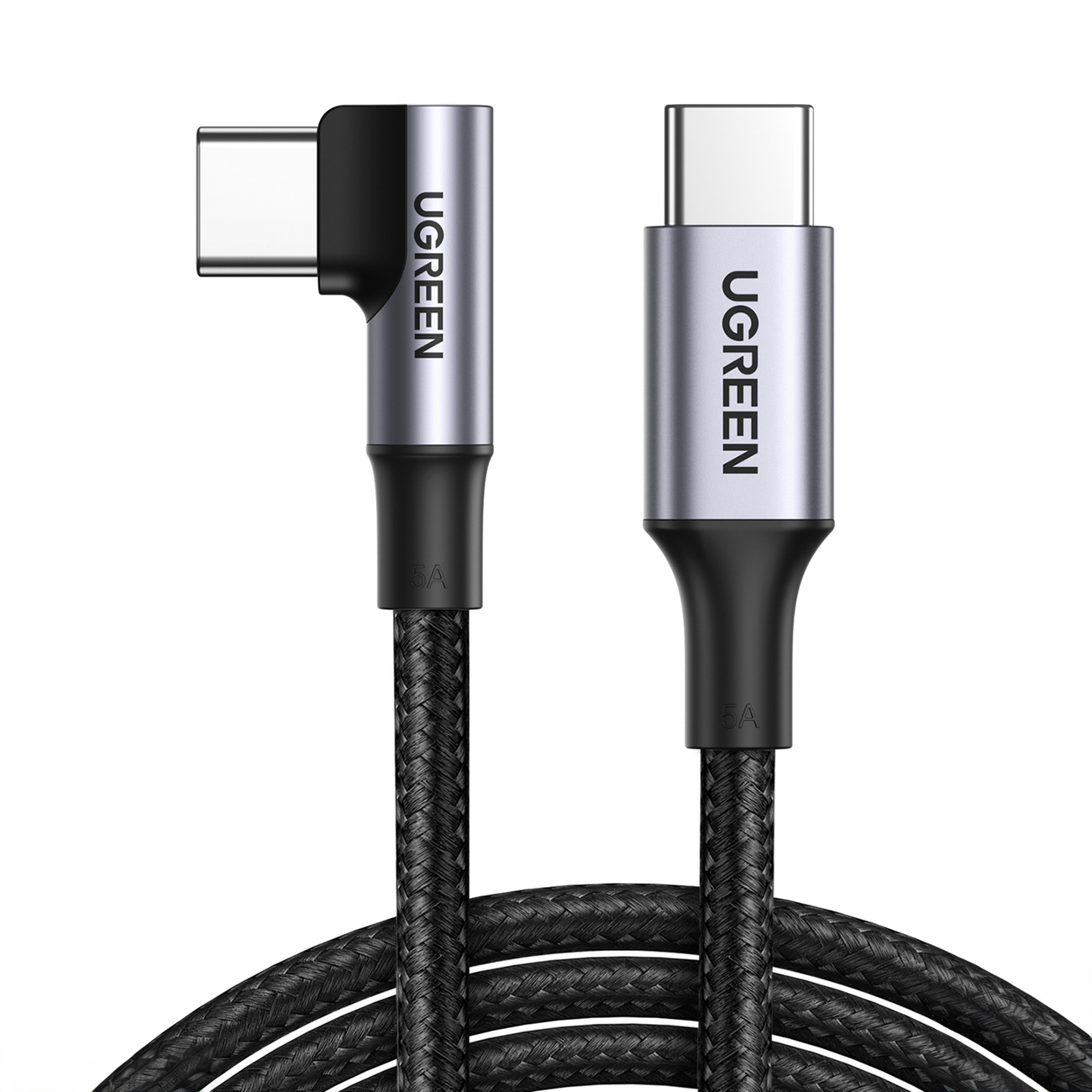 Due cavi USB-C UGREEN, uno angolato a 90 gradi, uno dritto.