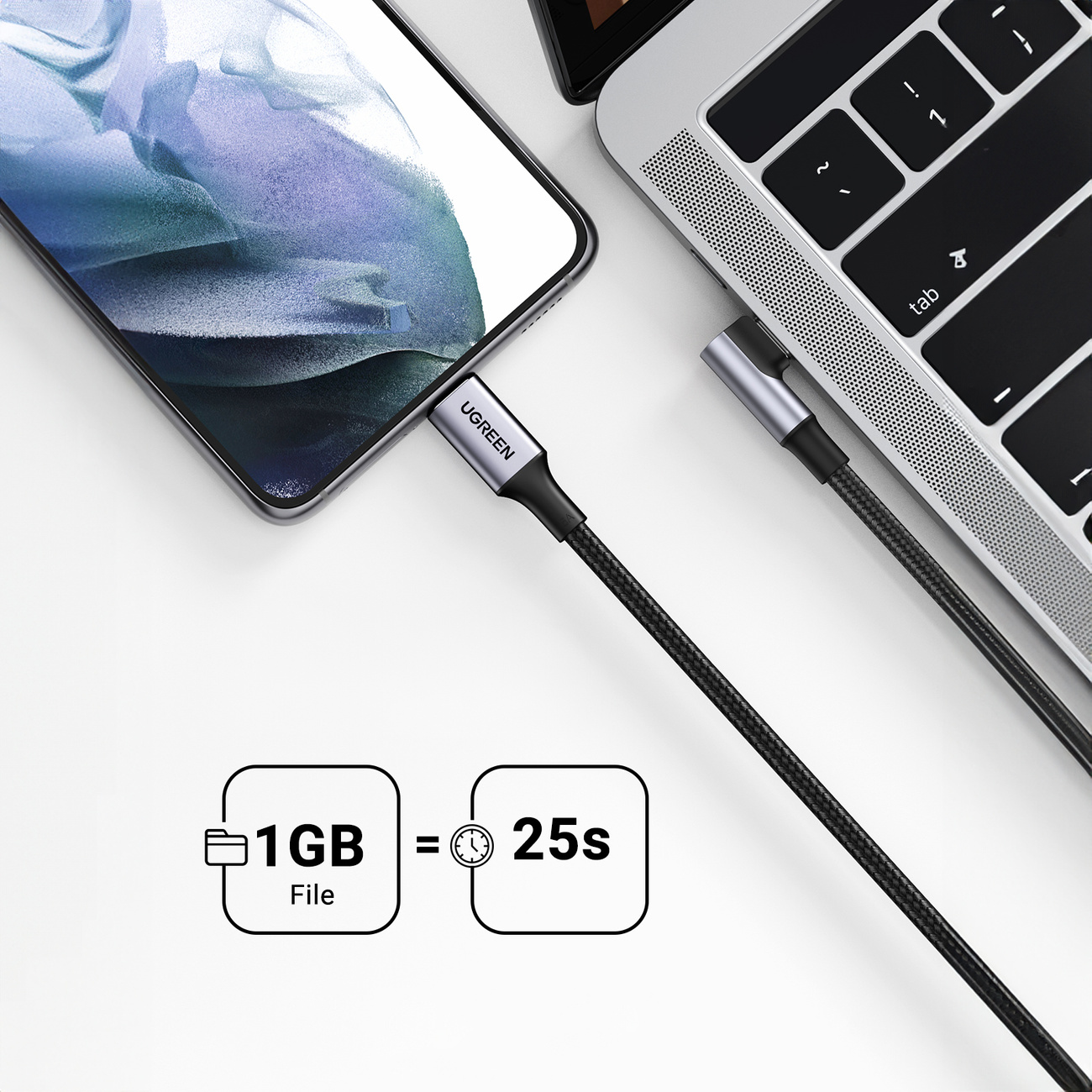 Smartphone collegato al laptop tramite cavo UGREEN. 1 GB in 25s.