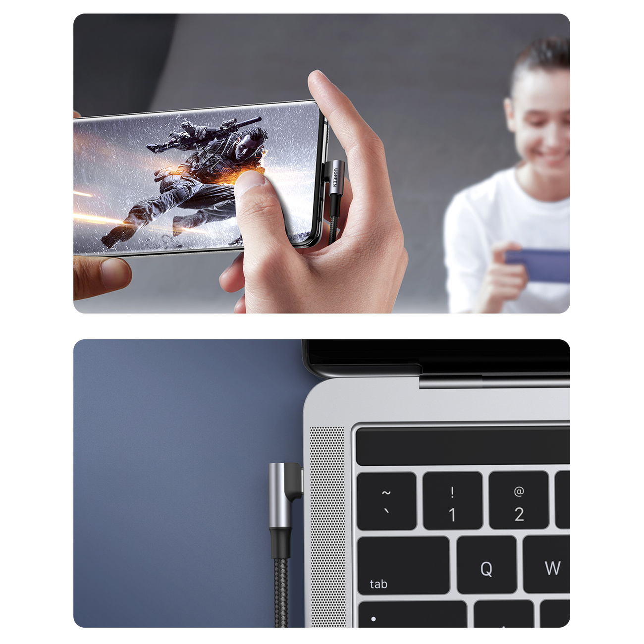 Un cavo si collega a uno smartphone, una persona vicina. Un altro cavo si collega a un laptop.