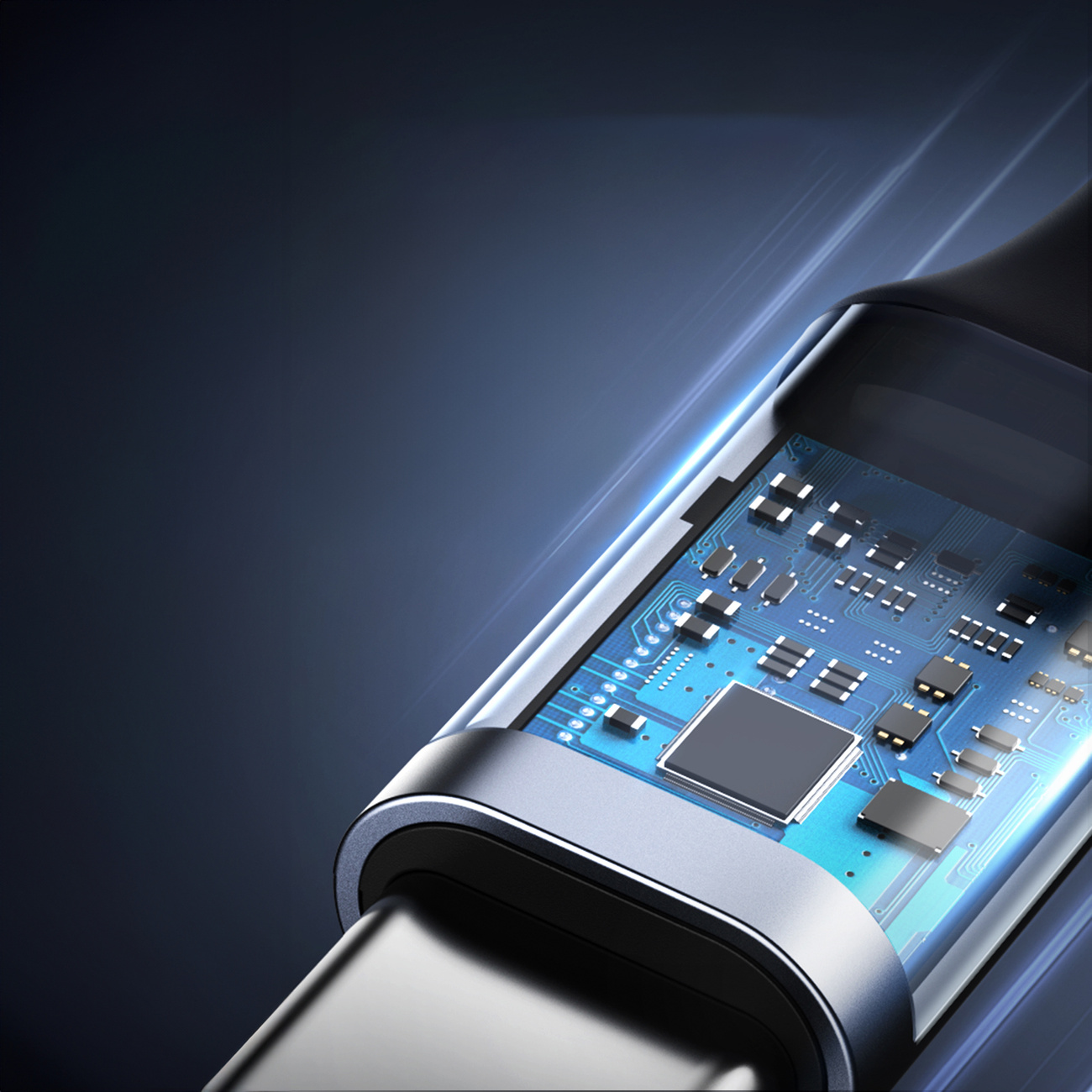 Primo piano di un circuito stampato con molti piccoli chip su sfondo blu.