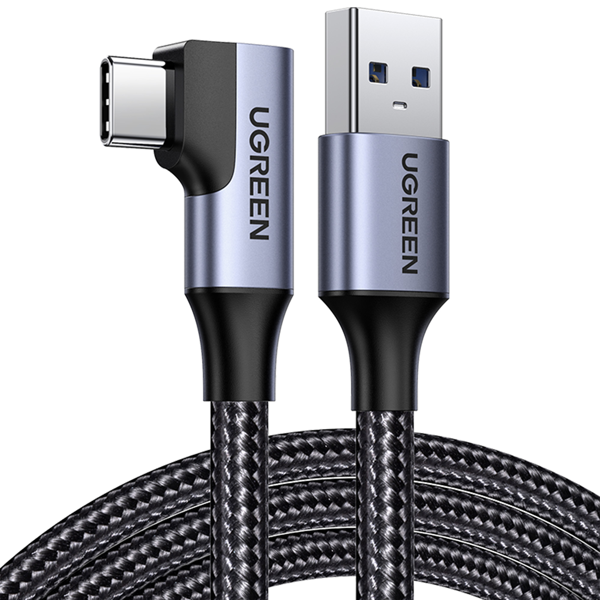 Kabel USB-C do USB-A z kątowym złączem 90 stopni i plecionym kablem.