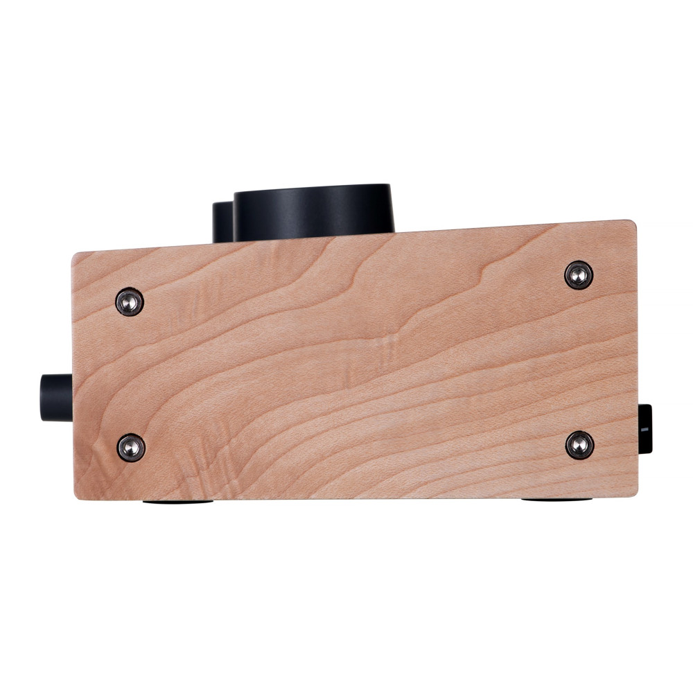 Drewniane urządzenie z czarnymi gałkami i śrubami, na białym tle.