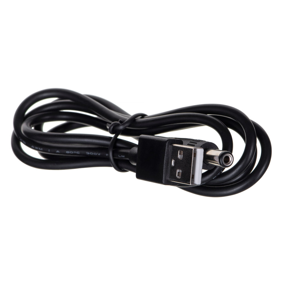 Czarny kabel USB do gniazda beczkowego, zwinięty i związany.