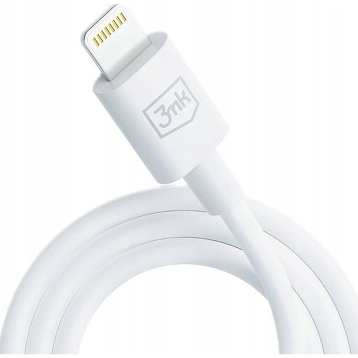 Biały kabel lightning z logo 3mk i złotymi stykami.