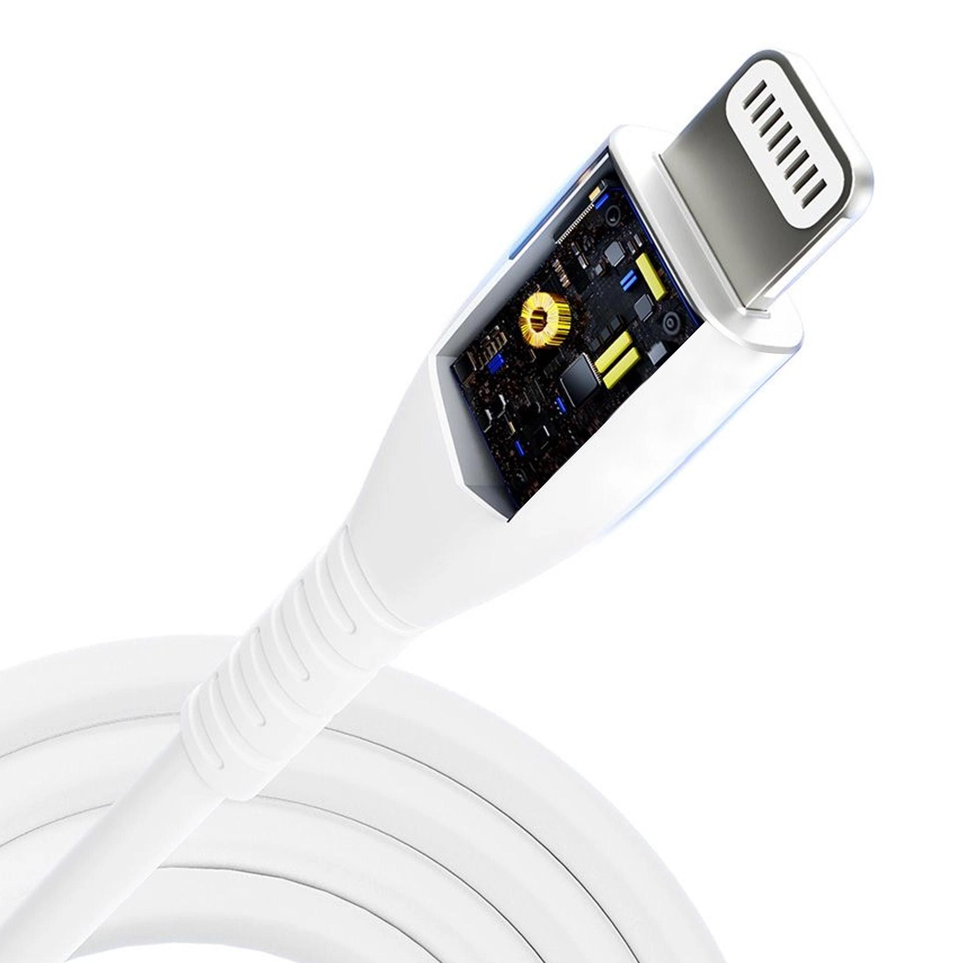 Biały kabel ładujący z odsłoniętym układem scalonym i srebrną wtyczką.