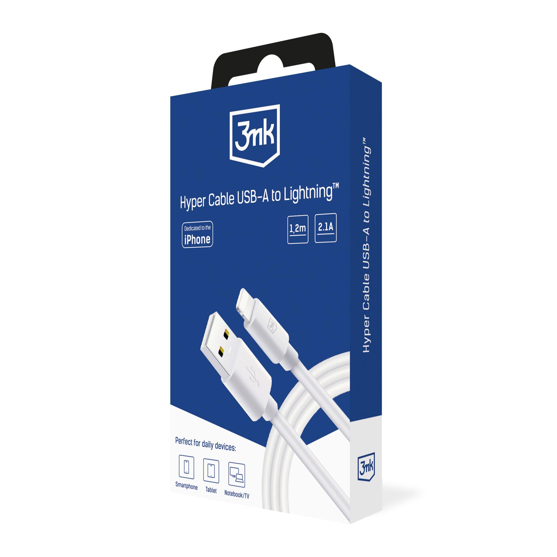 Opakowanie białego kabla USB-A do Lightning, 1,2m i 2,1A.