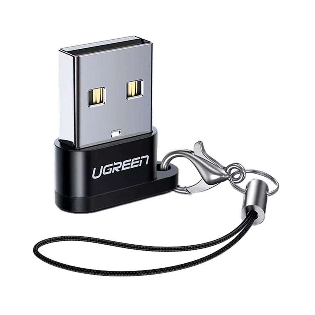 Gümüş konektörlü ve kordonlu siyah USB adaptörü.