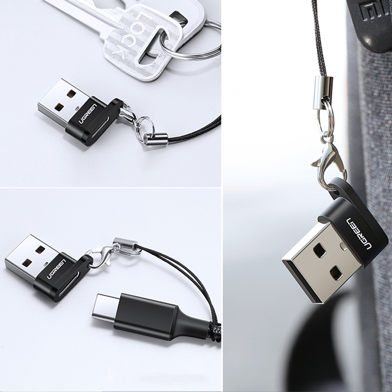 Siyah USB-C adaptörü anahtarlık ve kablo ile, yakın çekim.