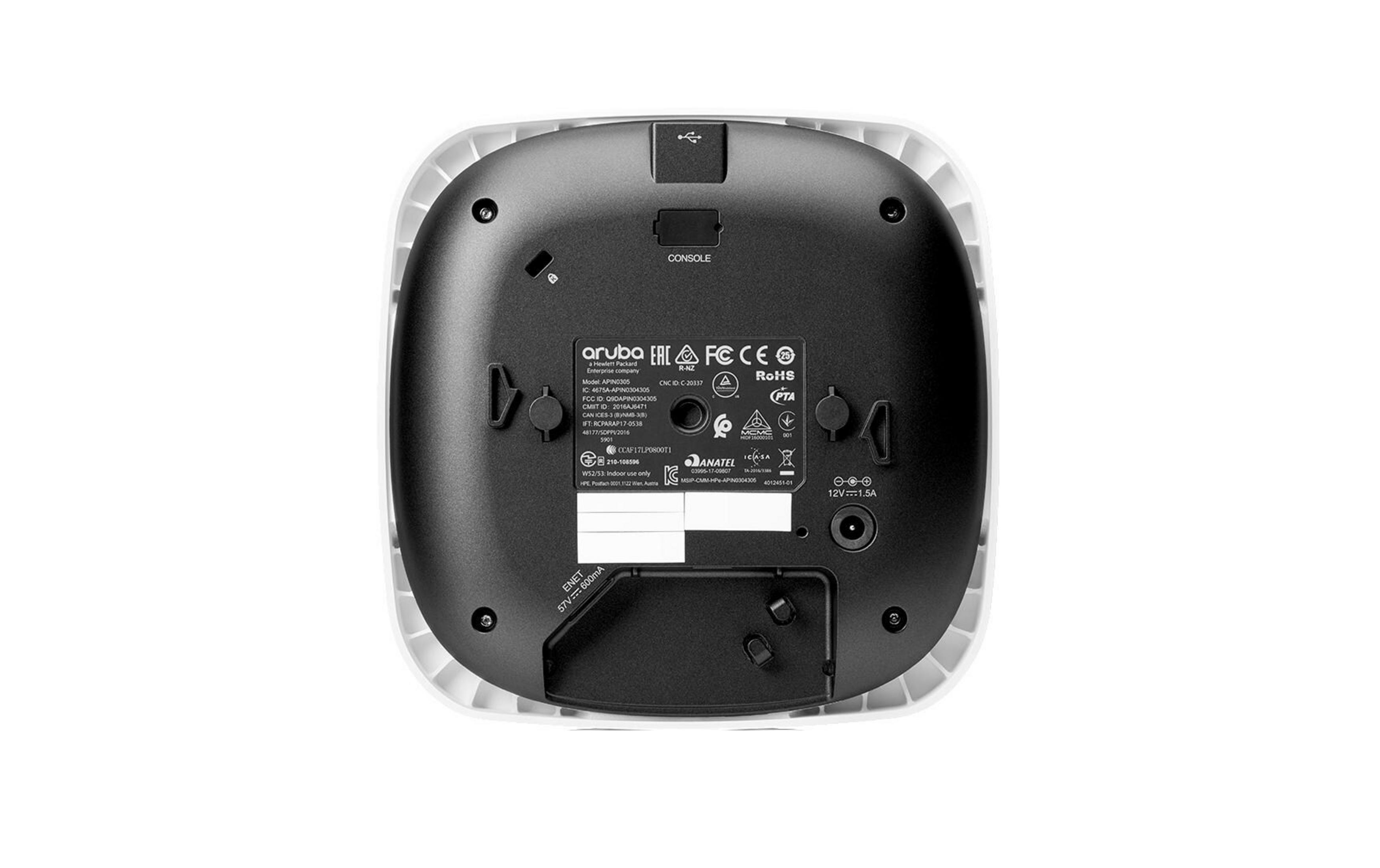Vista posteriore di un access point Wi-Fi Aruba bianco e nero, con porte e loghi di certificazione.