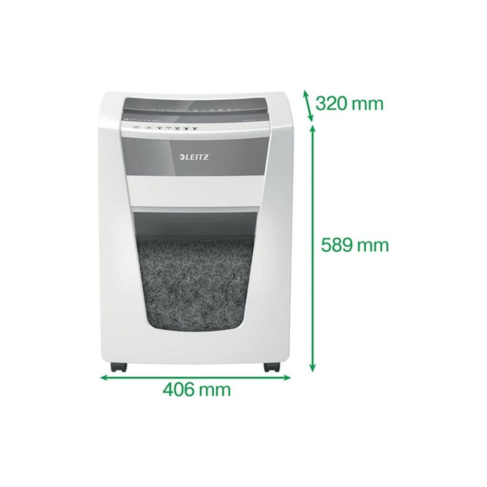 Ein weißer Leitz-Aktenvernichter mit Maßen: 320 mm H, 589 mm L, 406 mm B.