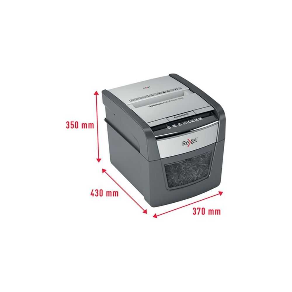 Grauer Aktenvernichter mit Anzeige der Maße 350 mm, 430 mm und 370 mm.