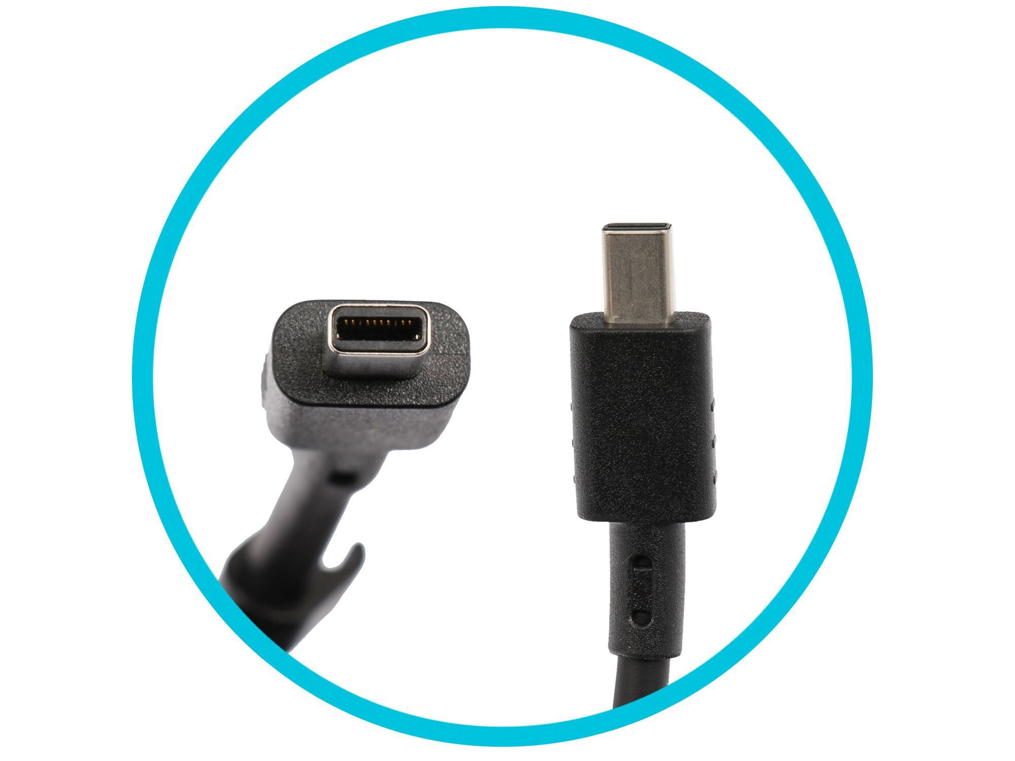 Ein schwarzes Kabel mit zwei Anschlüssen: Thunderbolt 3 und USB-C.