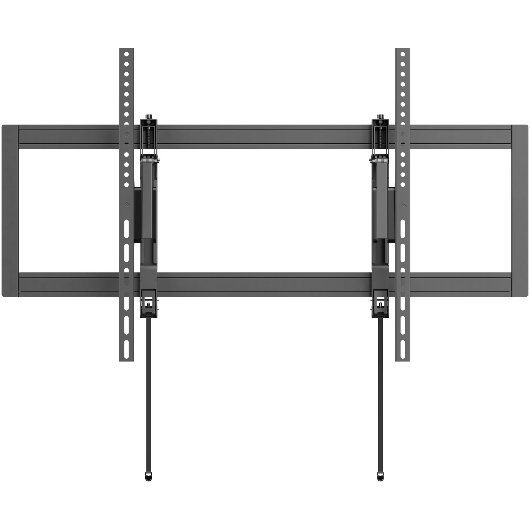 Ein dunkler, verstellbarer Wandhalter für Fernseher mit zwei vertikalen Schienen.