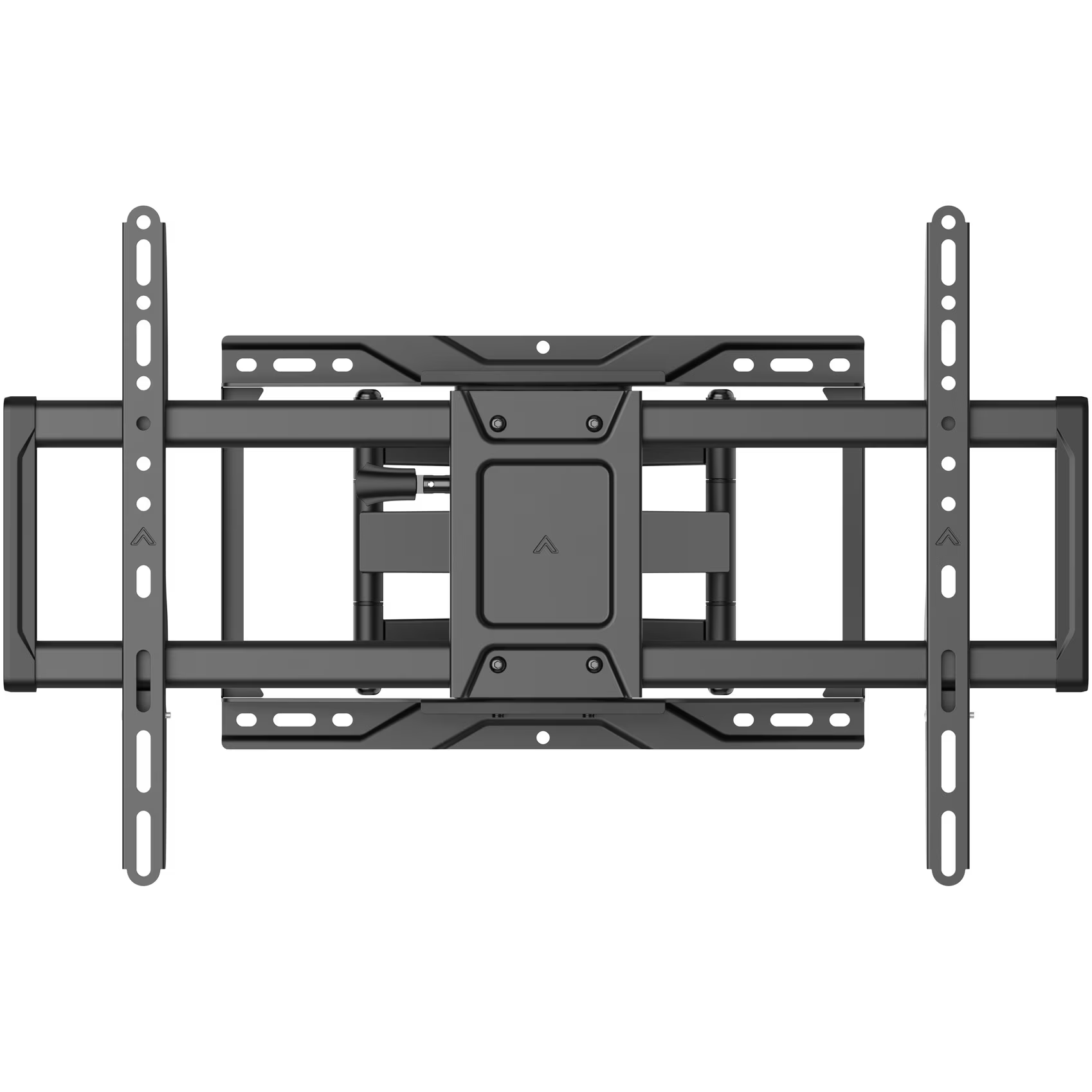 Schwarze TV-Wandhalterung mit verstellbaren Armen und VESA-Platten.