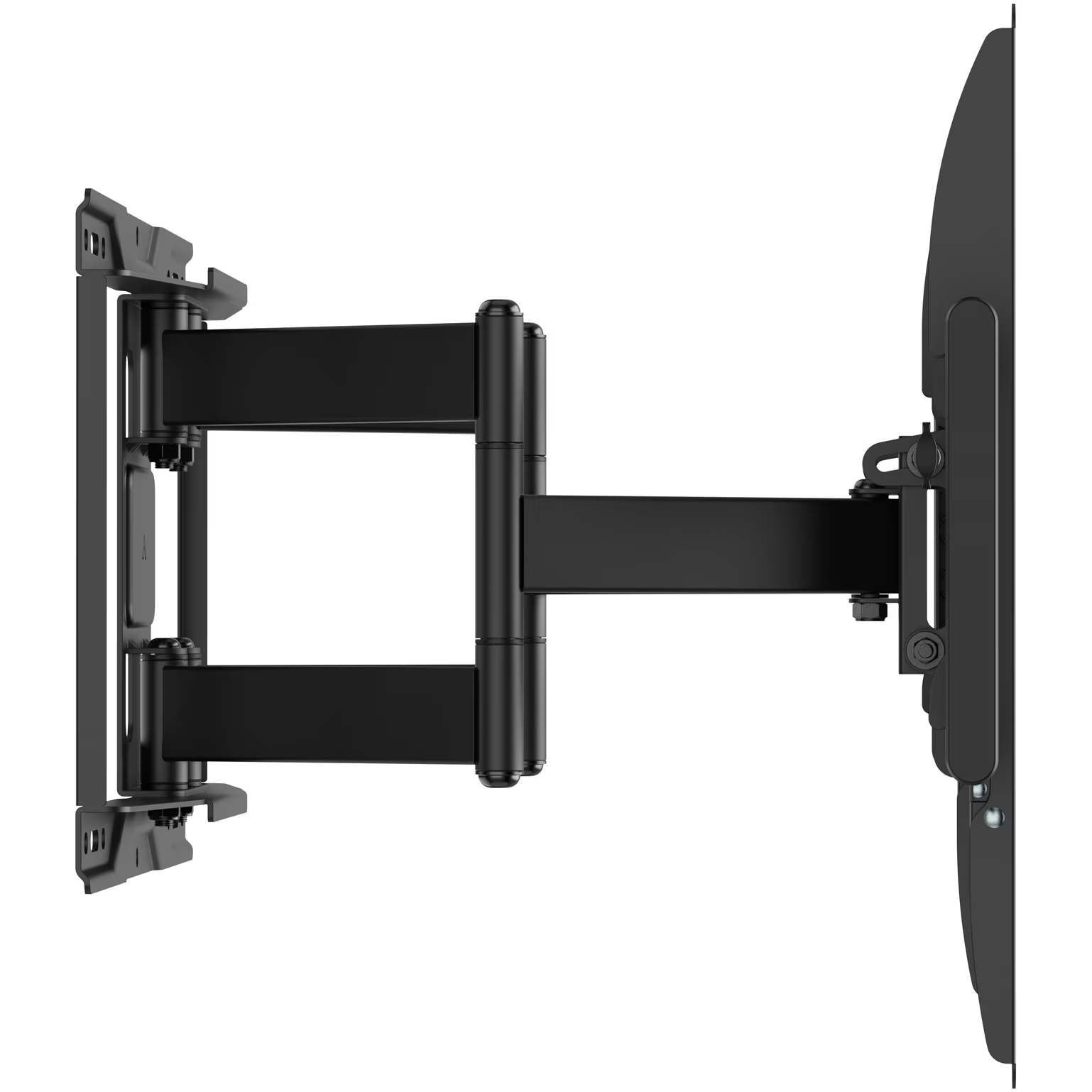 Schwarze, ausfahrbare TV-Wandhalterung mit Gelenkarm und VESA-Platte.