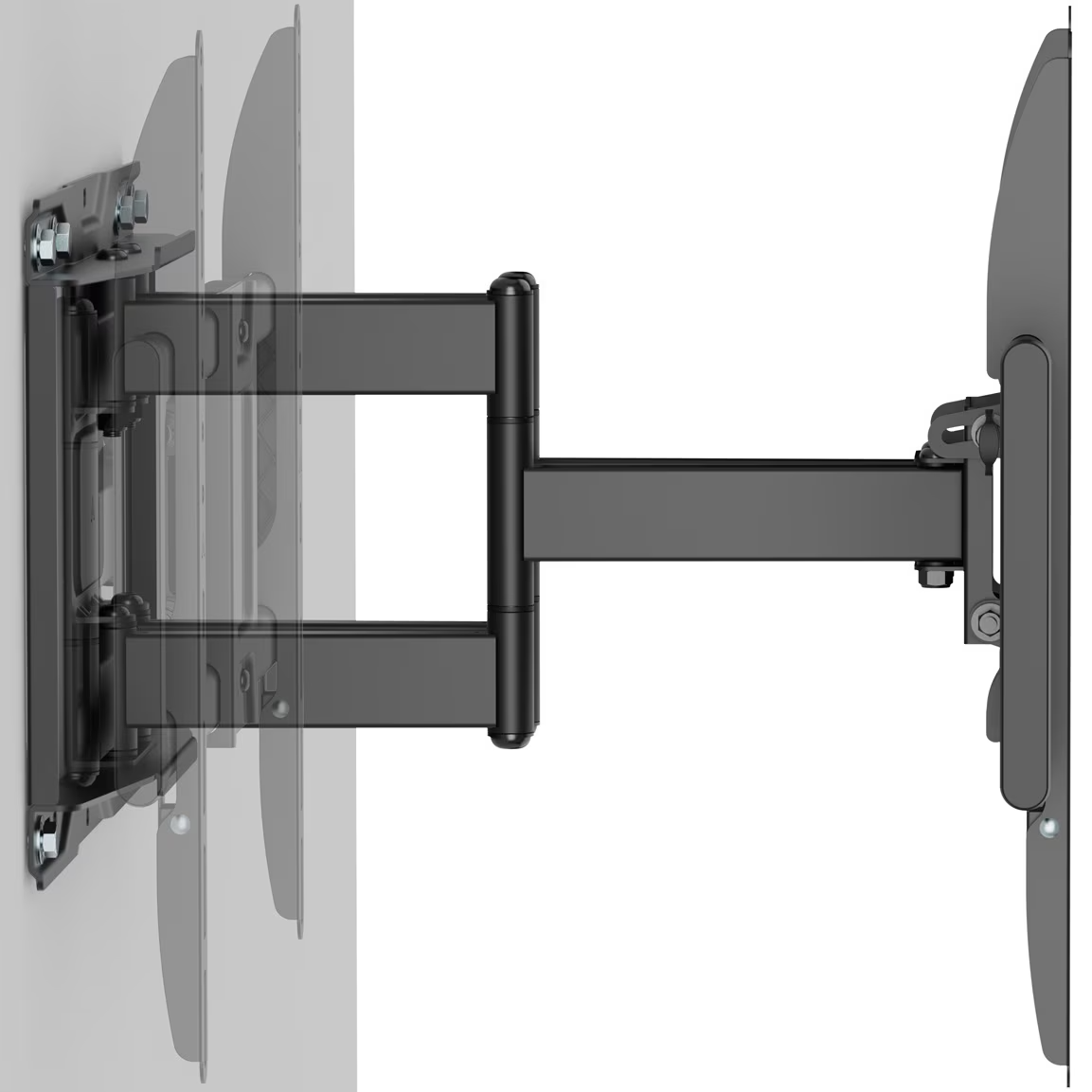 Schwarze Wandhalterung mit ausziehbarem Arm für Fernseher, auf weißem Hintergrund.