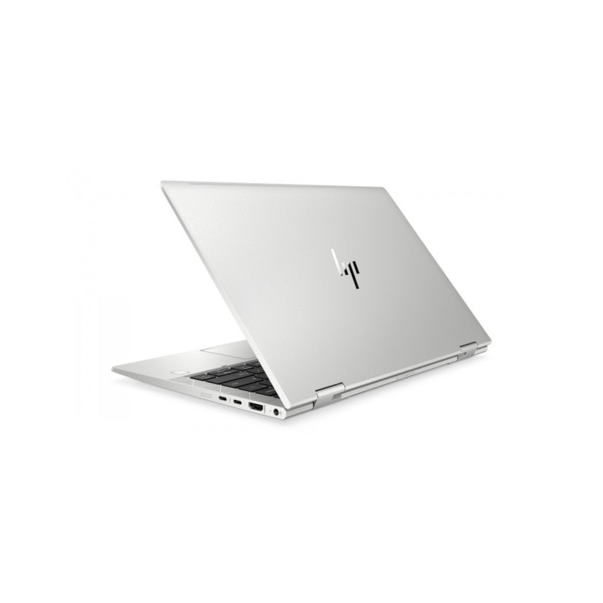 Ein silberner HP Laptop ist von der Seite mit geöffnetem Bildschirm zu sehen.
