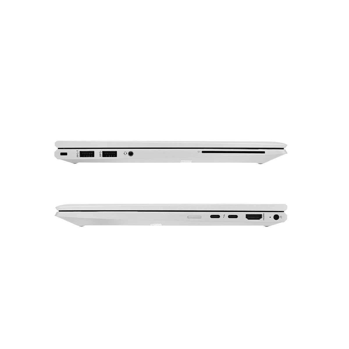 Zwei Seitenansichten eines weißen Laptops mit Anschlüssen: USB, Kopfhöreranschluss, SD-Kartensteckplatz.