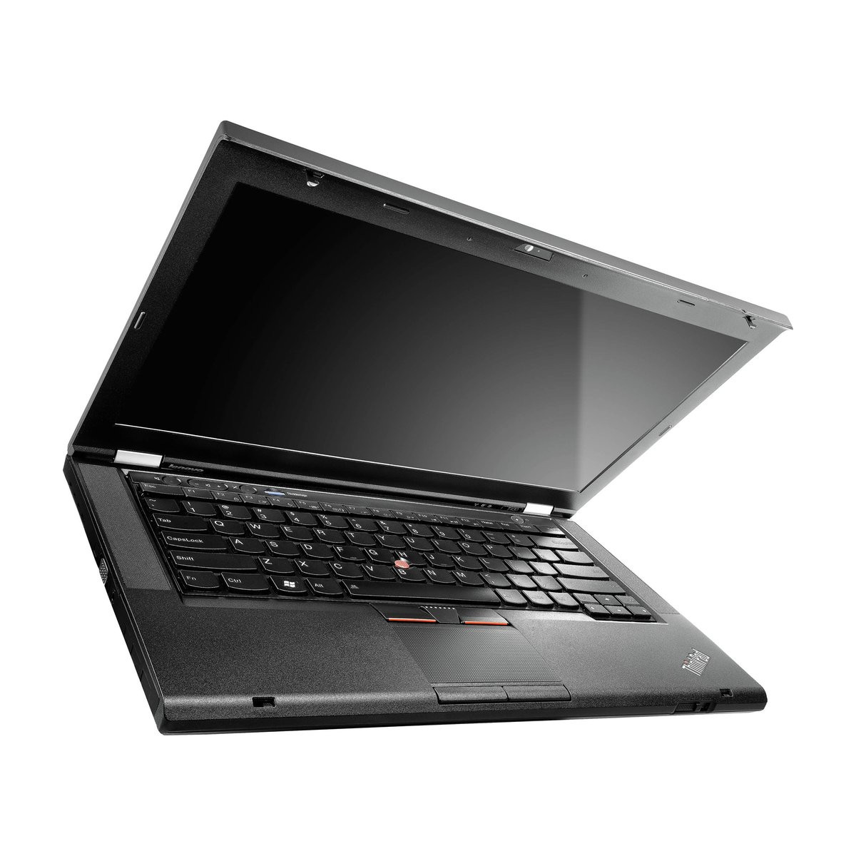 Ein schwarzer Lenovo ThinkPad Laptop, geöffnet, mit schwarzer Tastatur und Bildschirm.