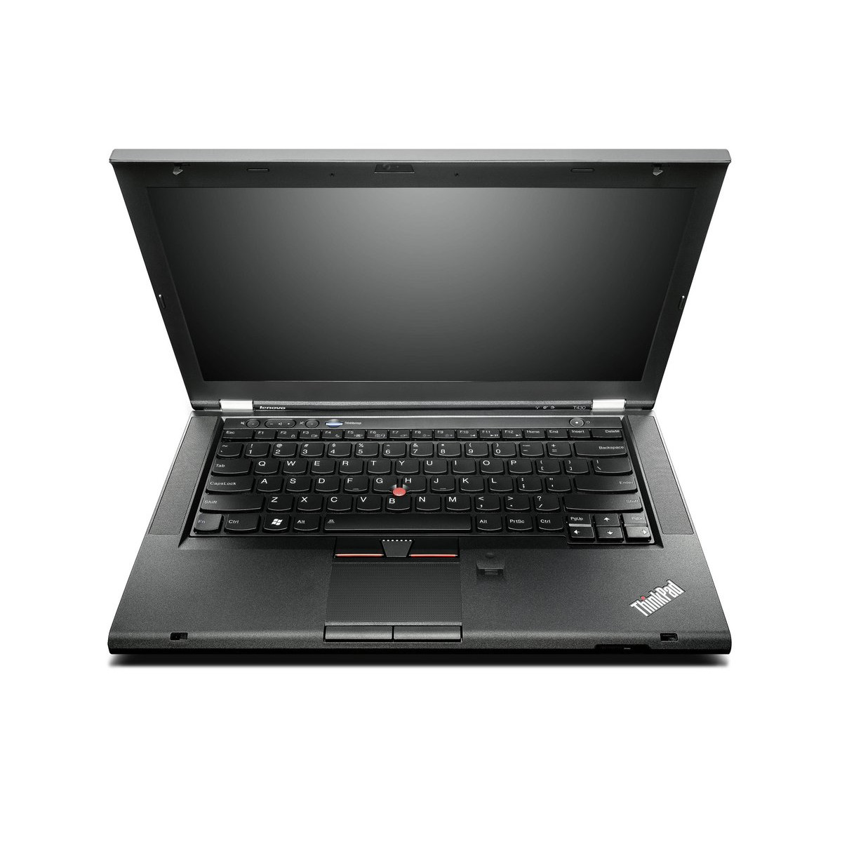 Ein schwarzer Lenovo ThinkPad Laptop mit geöffnetem Bildschirm und Tastatur.