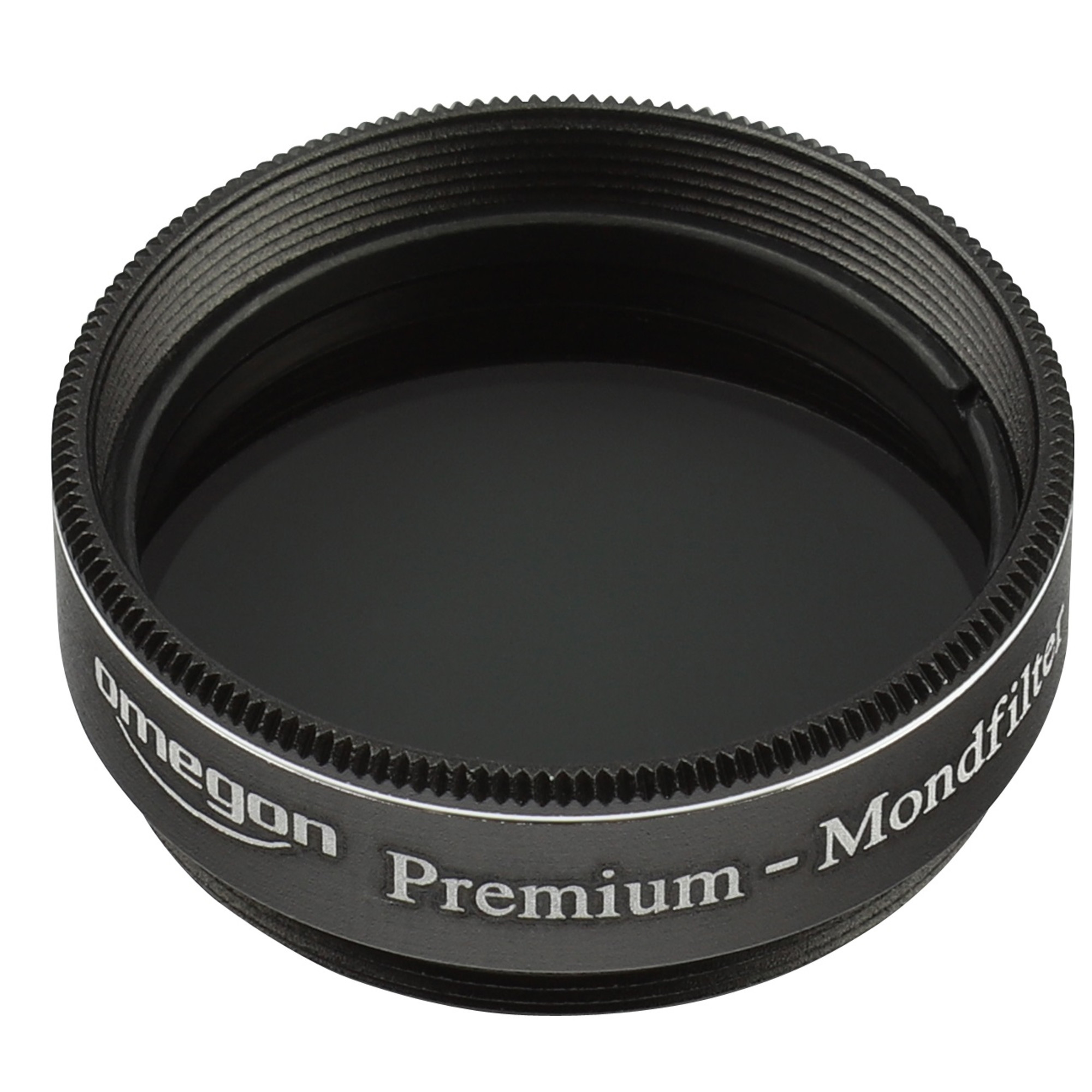Schwarzer astronomischer Filter mit Beschriftung 'Omegon Premium - Mondfilter'.