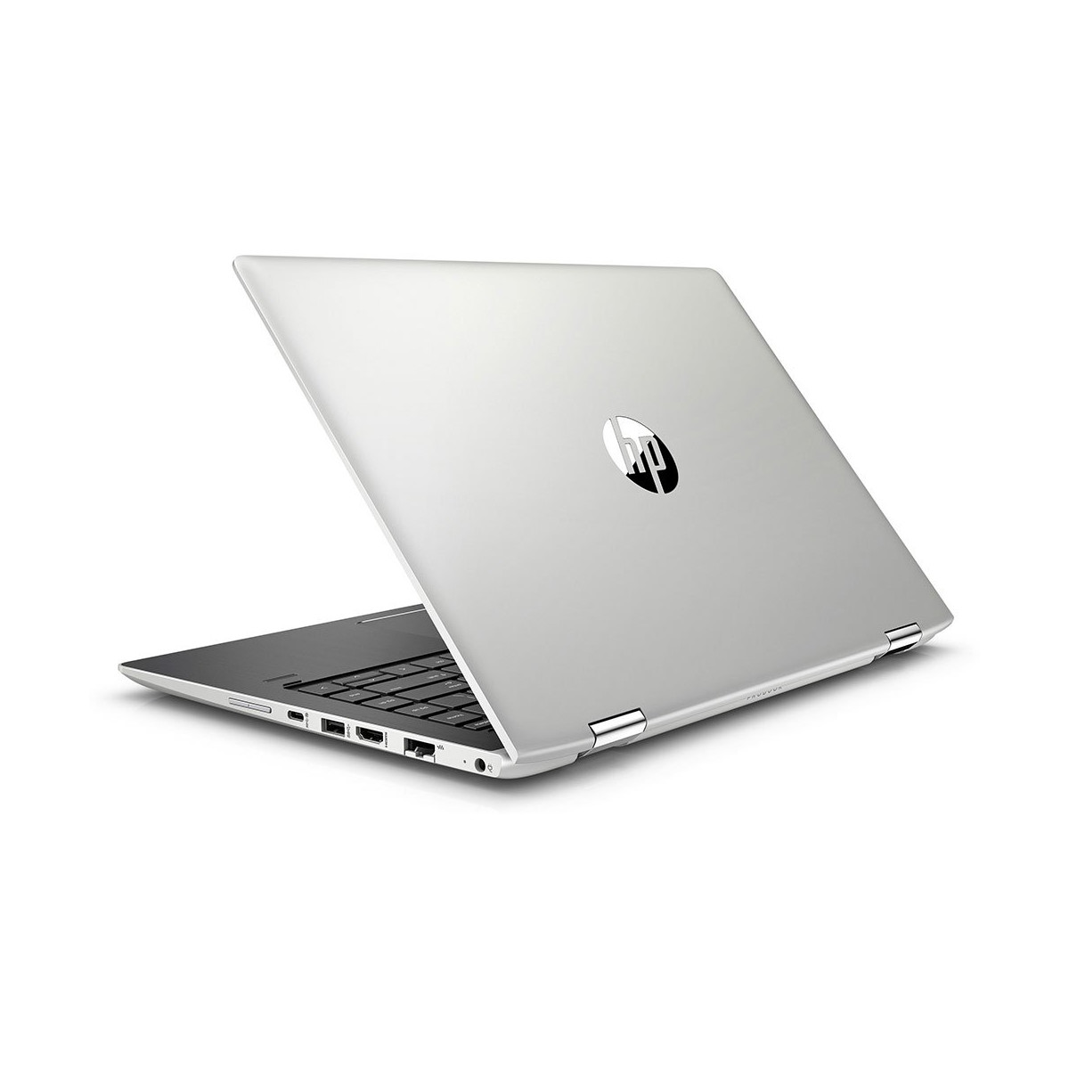 Ein silberner HP Laptop, teilweise geöffnet, mit Fokus auf das Logo und die Anschlüsse.
