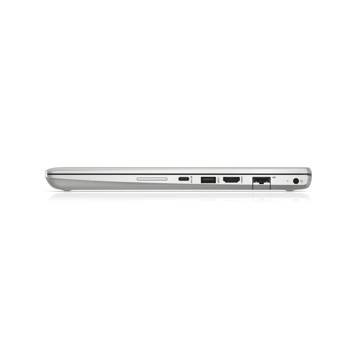 Silberner Laptop-Seite mit SD-Kartensteckplatz, USB-C, USB-A, HDMI, Ethernet.
