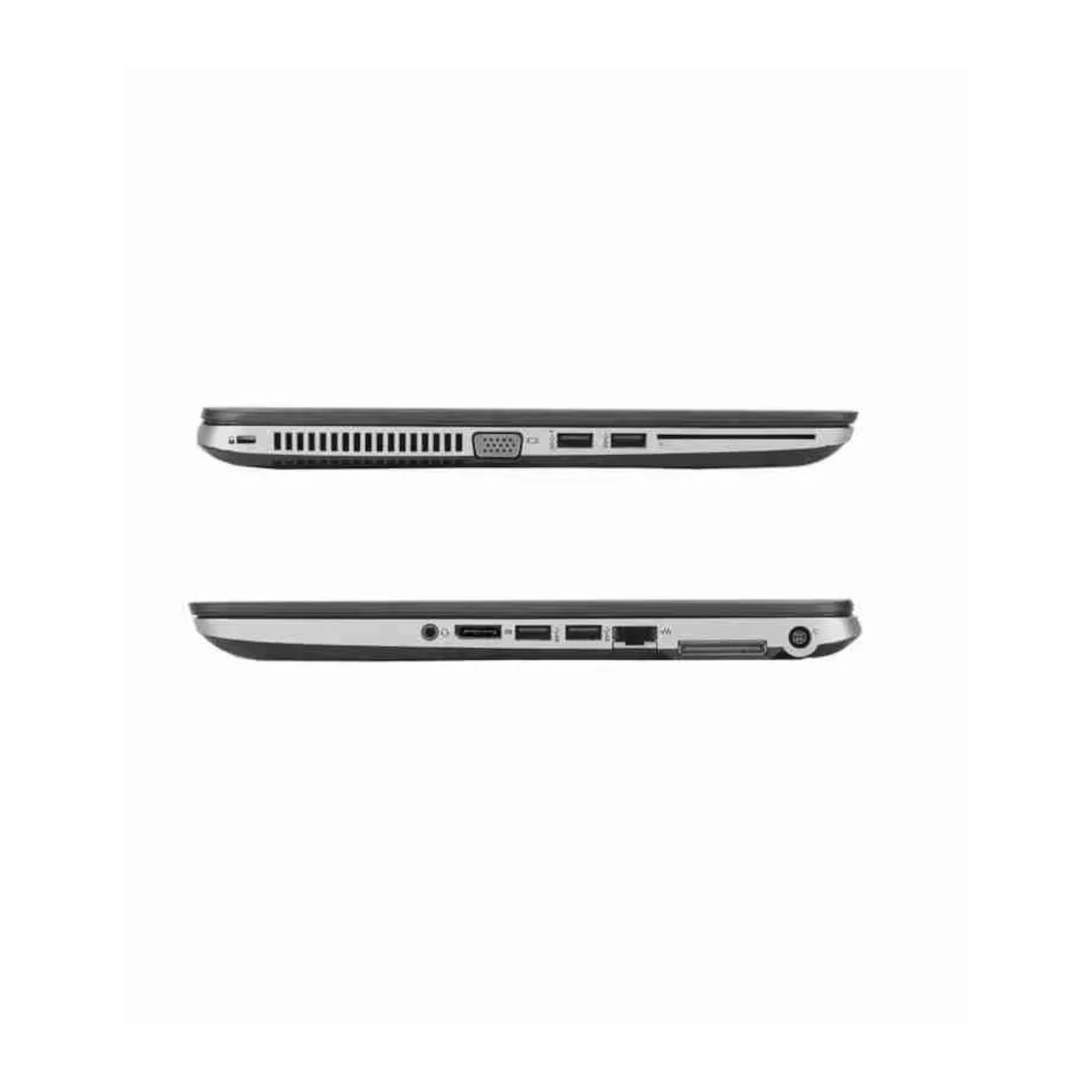 Seitenansicht eines schwarzen Laptops mit Anschlüssen.