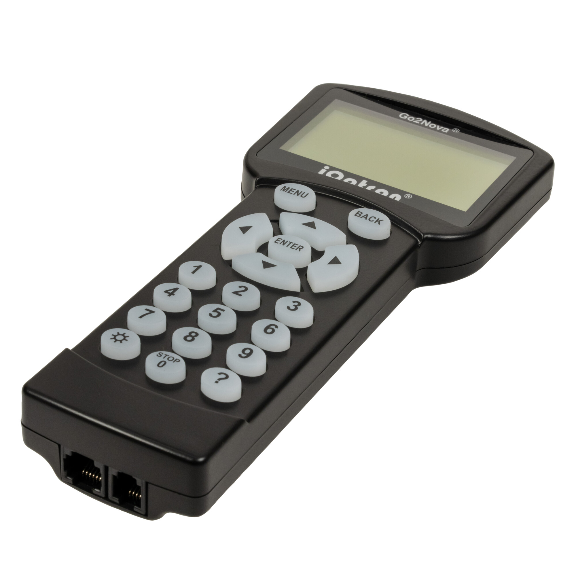 Schwarzer iOptron GoToNova Controller mit Bildschirm, Tastenfeld und zwei Anschlüssen.