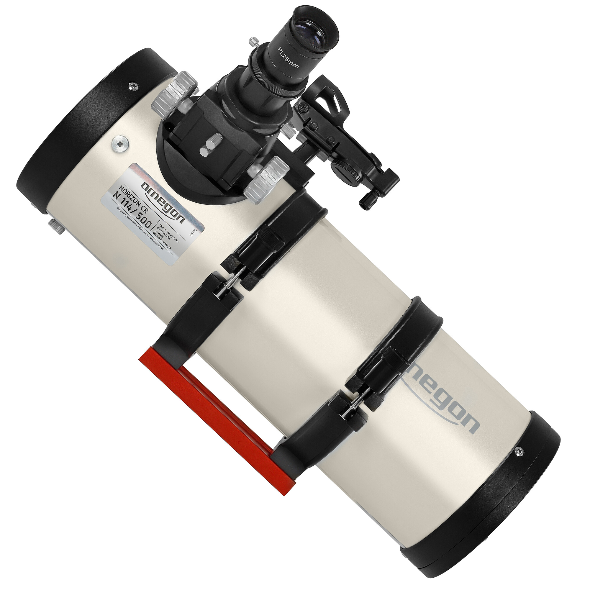 Ein cremefarbener Omegon Teleskop-Tubus mit Sucherfernrohr und rotem Griff.