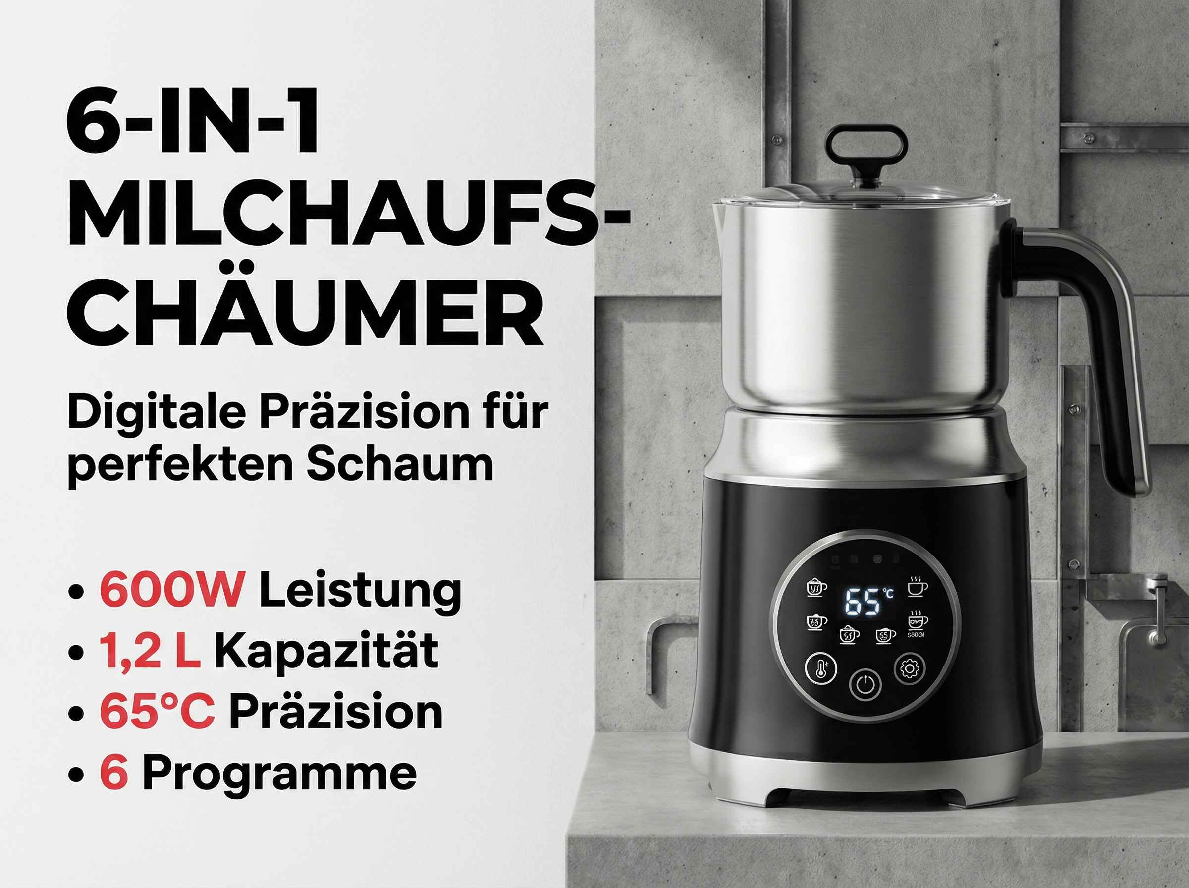 6-in-1 Milchaufschäumer mit 600W Leistung, 1,2L Kapazität, 65°C Präzision.
