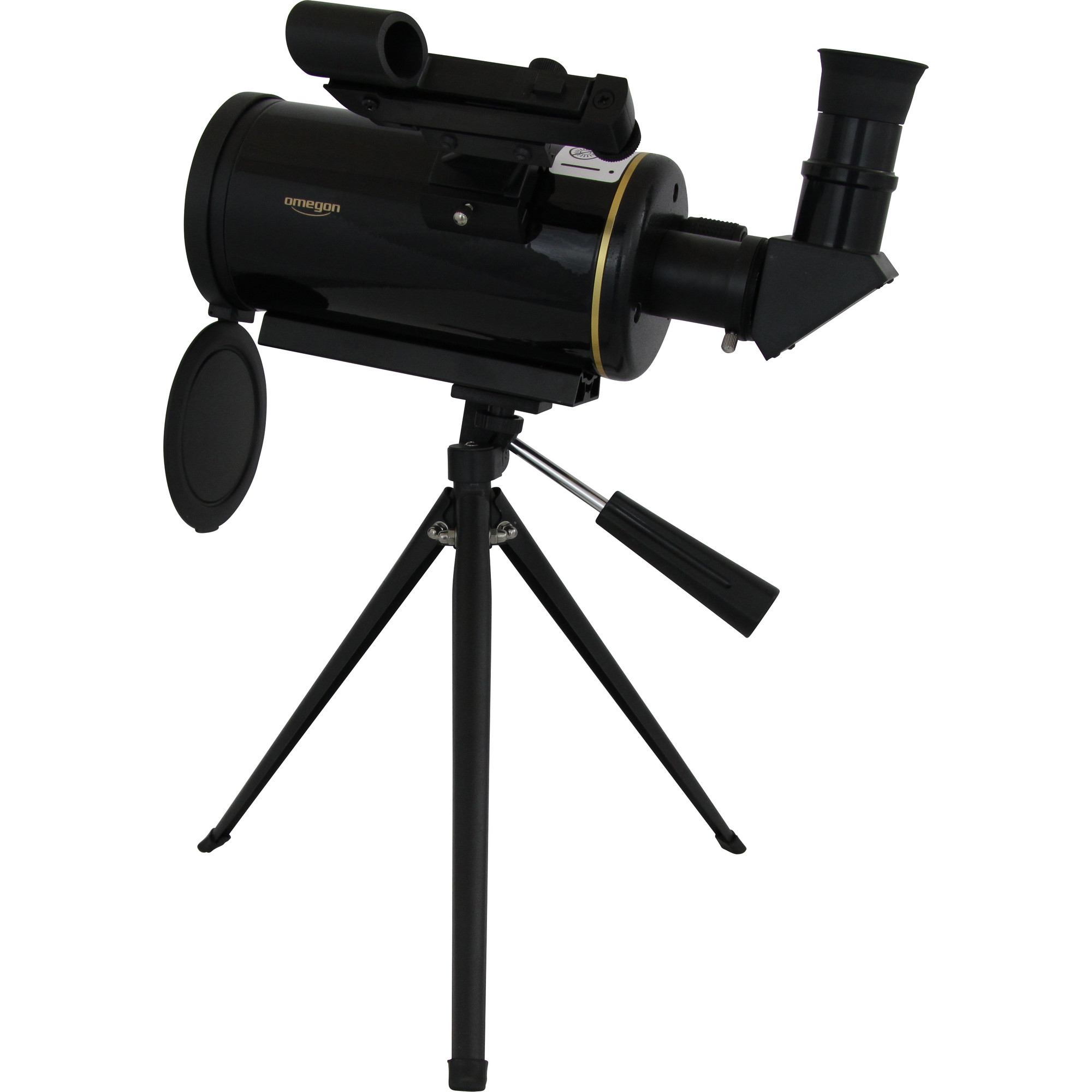 Ein schwarzes Teleskop mit Sucherfernrohr auf einem schwarzen Stativ.