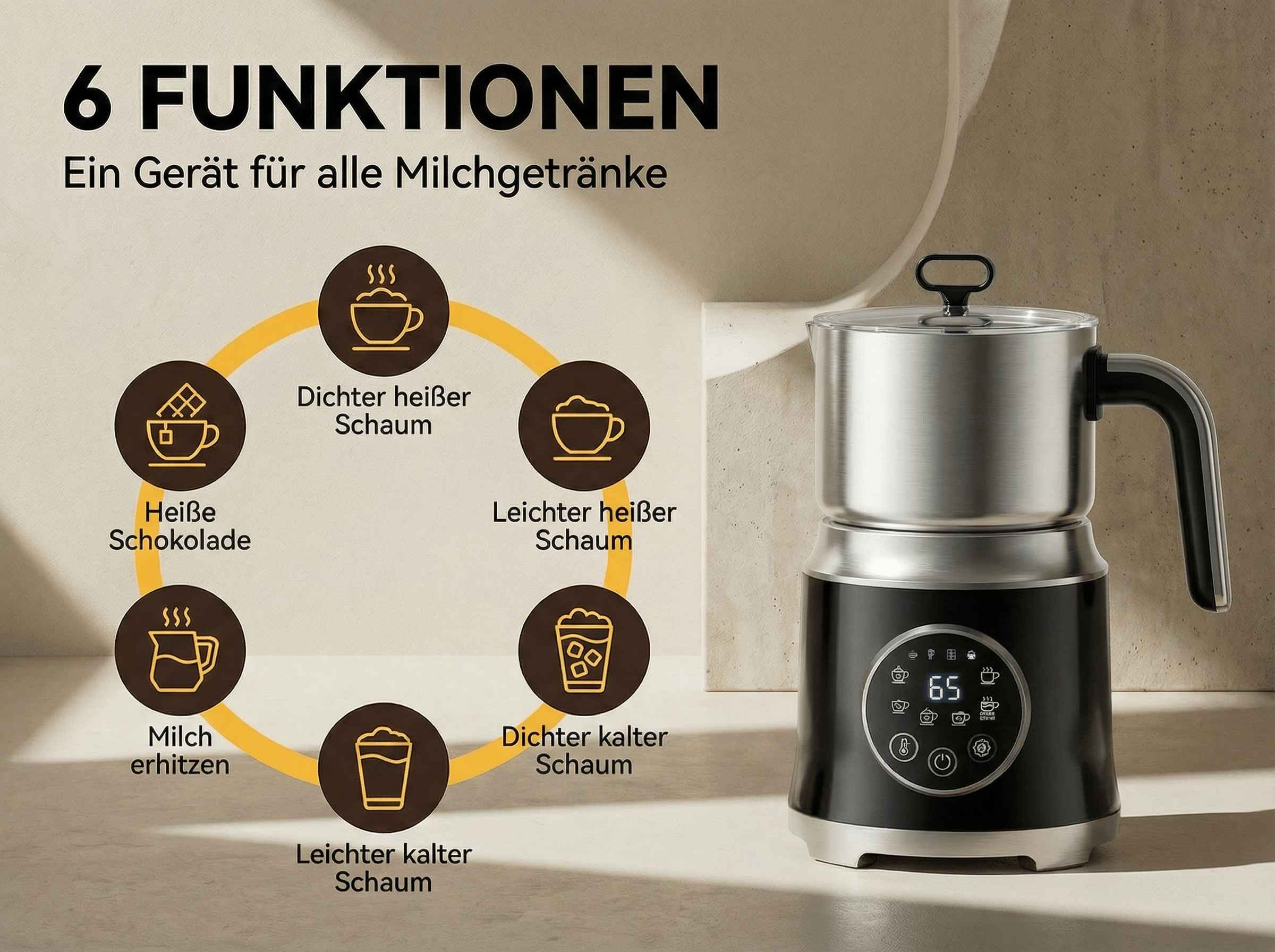 Ein Milchaufschäumer mit 6 Funktionen: heiße Schokolade, Milch erhitzen, heißer Schaum, kalter Schaum.