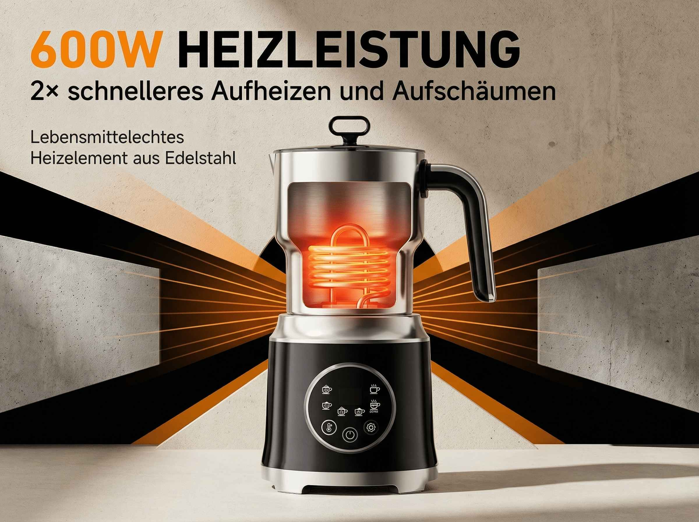 Ein elektrischer Milchaufschäumer mit Edelstahl-Heizelement und 600W Leistung.