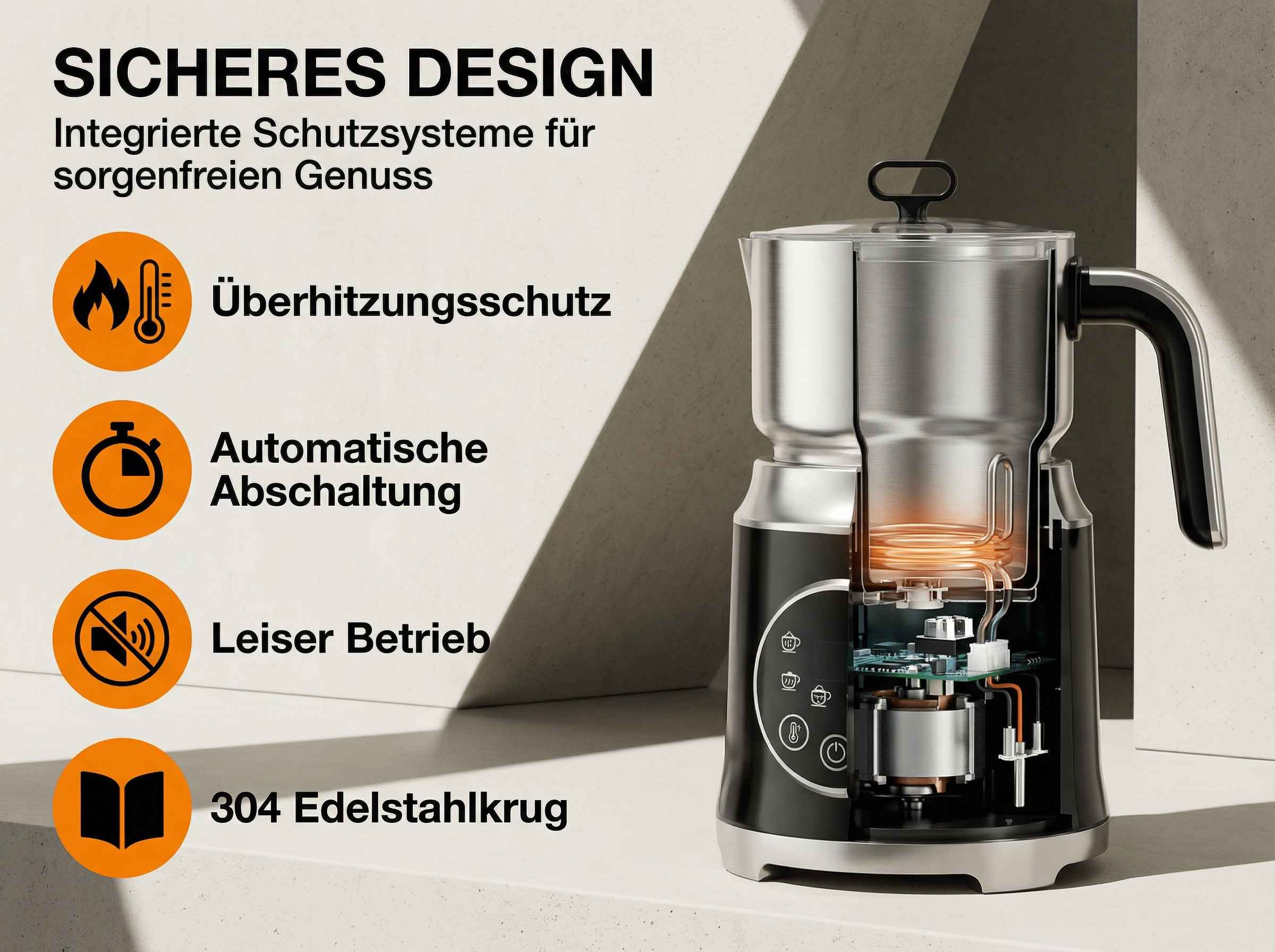 Ein Milchaufschäumer mit Cutaway-Ansicht, die interne Komponenten zeigt.