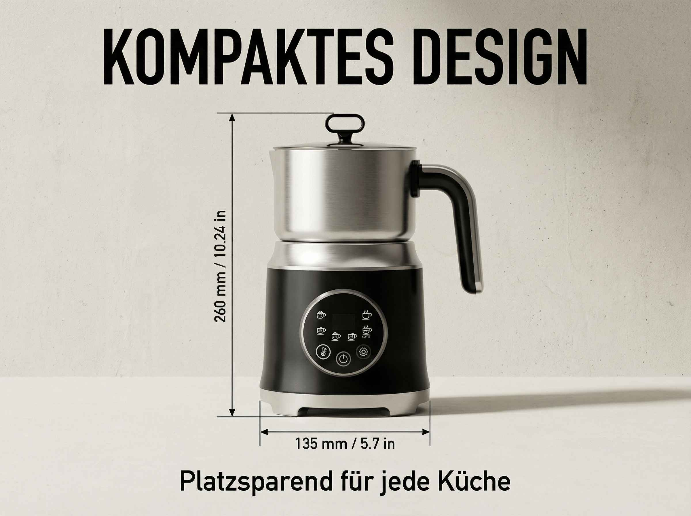 Kompakter Milchaufschäumer in Schwarz und Silber, 260mm hoch, 135mm breit.