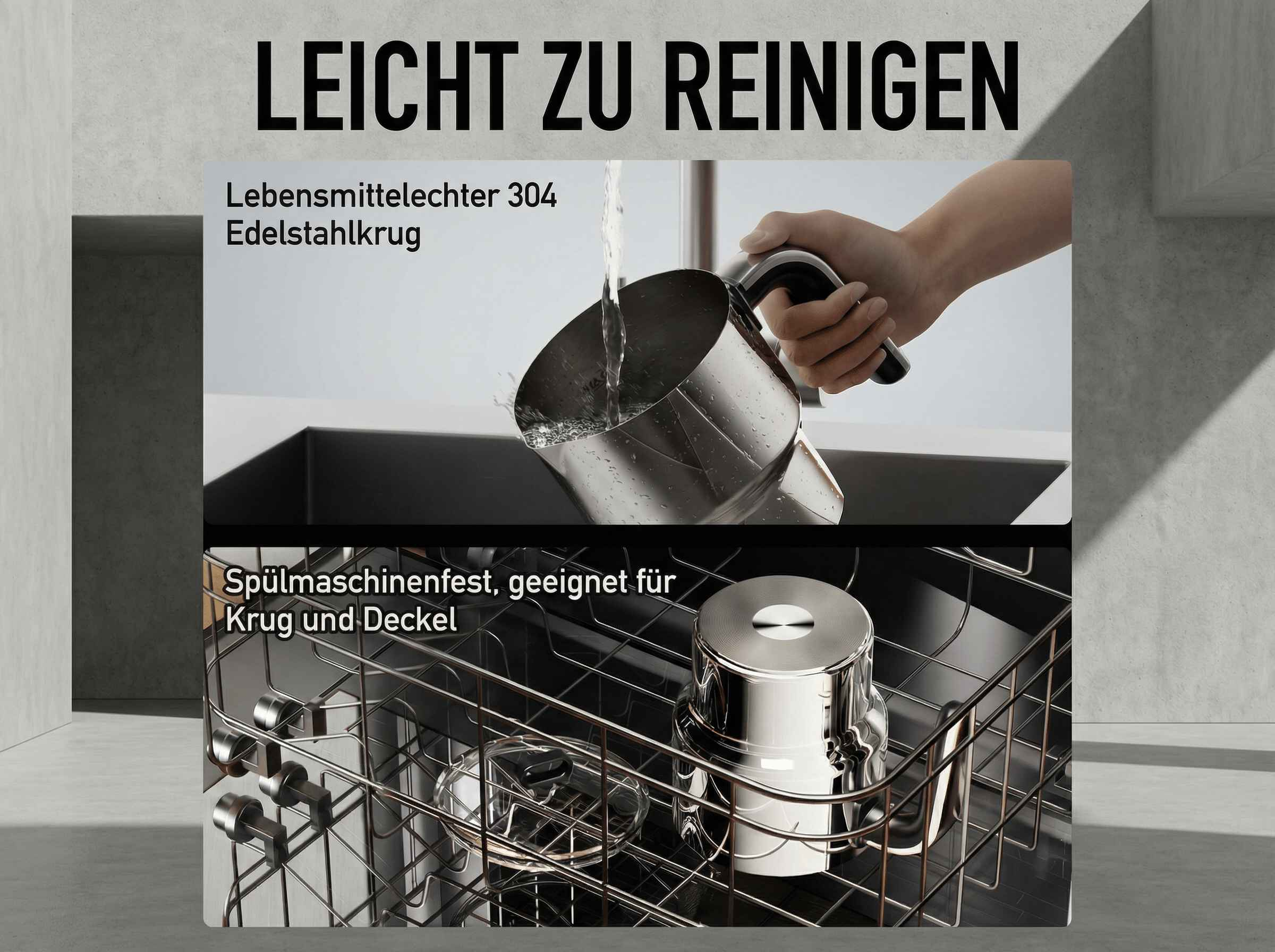 Ein Edelstahlkrug wird abgespült, dann in einem Geschirrspüler platziert.
