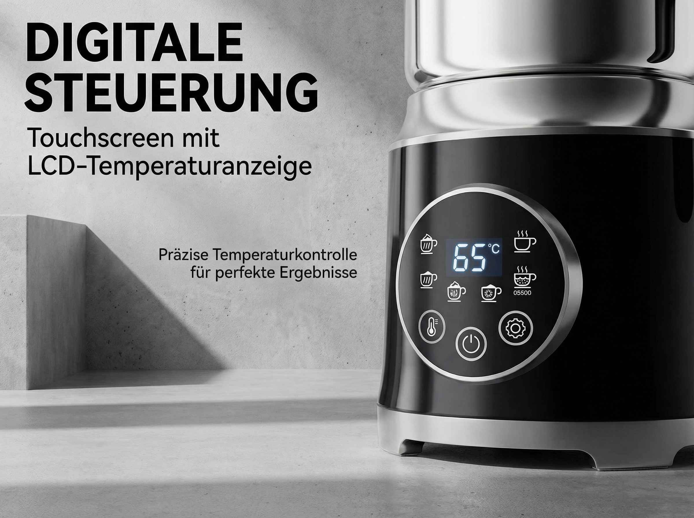 Digitales Gerät mit Touchscreen und LCD-Anzeige, zeigt 65°C.