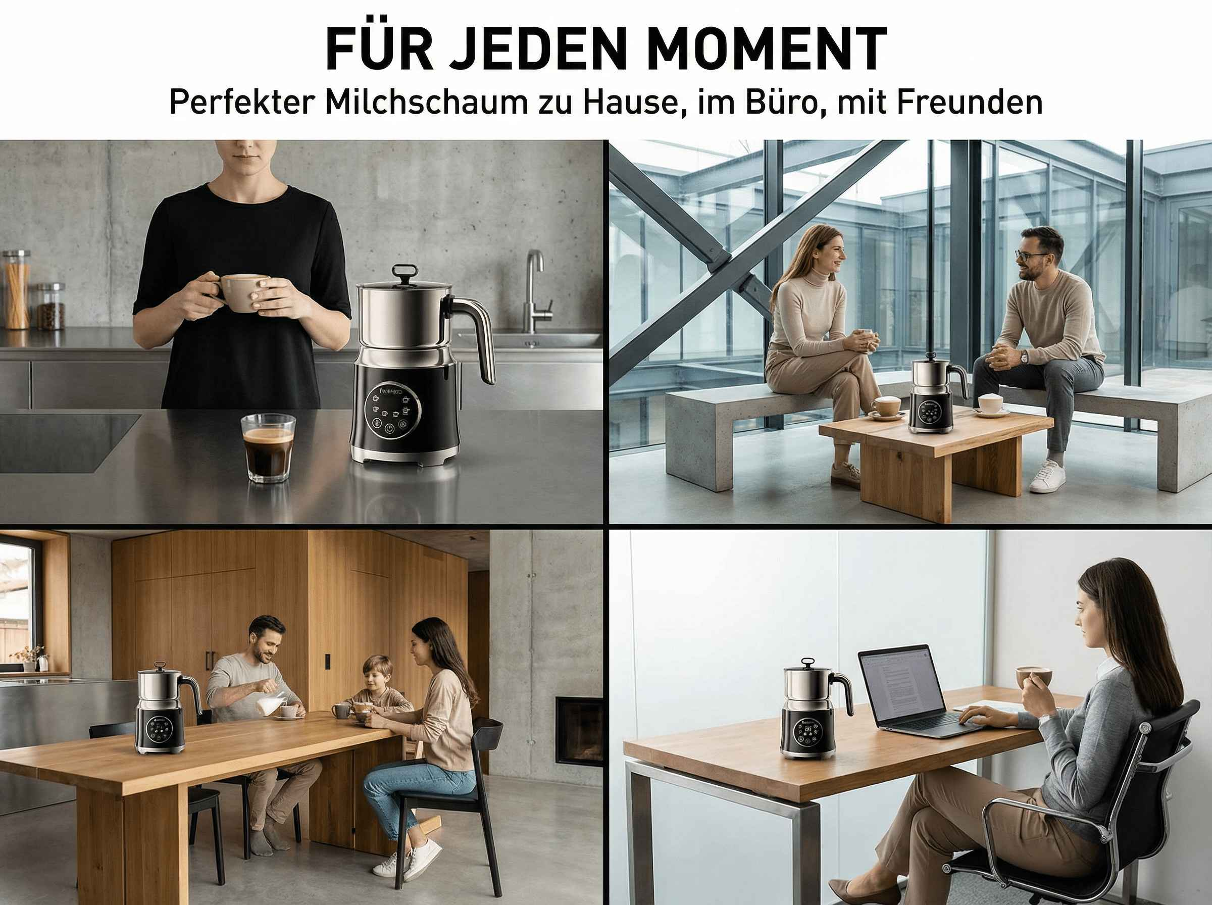 Ein Milchaufschäumer in vier Szenarien: Küche, Büro, Esstisch, Arbeitsplatz.