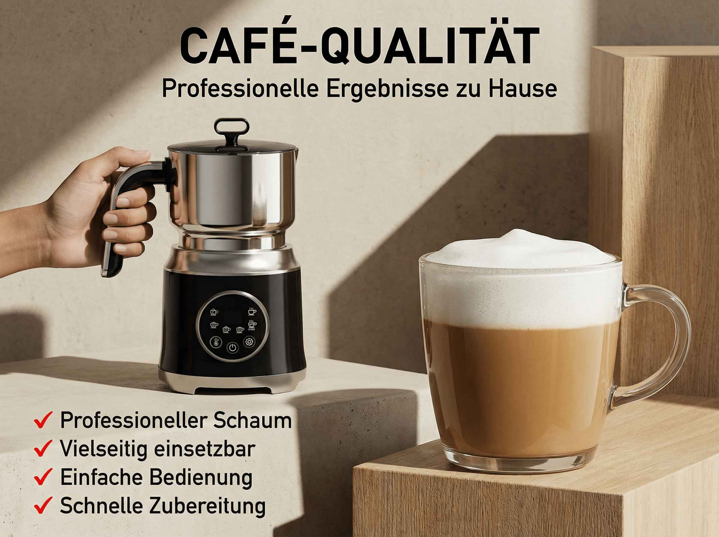 Ein Milchaufschäumer aus Metall und Schwarz neben einem Glas Latte Macchiato.